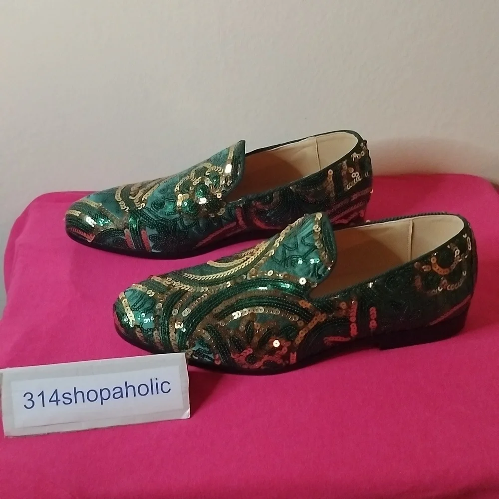 Mens Green / Gold Sequin Loafers - Picture 5 of 6